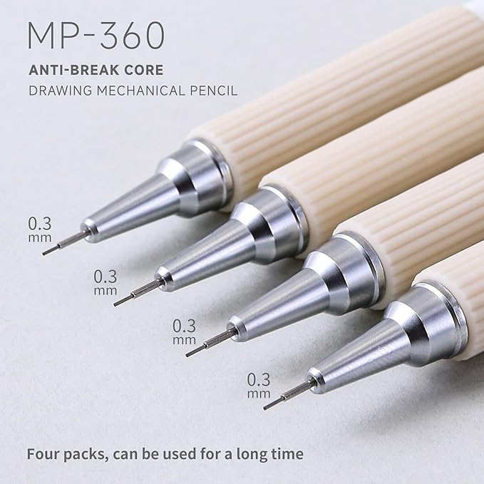 0.3mm Mechanical Pencil Set with Case, 4PCS Drafting Mechanical Pencils Kit – 4 Tubes HB Lead Refills, 3 Erasers, Ideal Pencil Set for Writing & Drawing