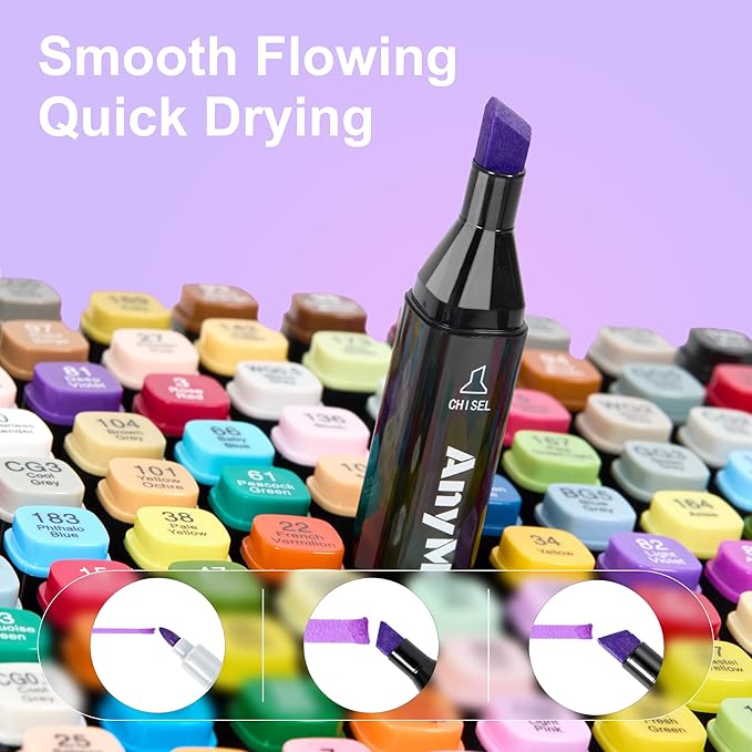 AnyMark Alcohol Markers, 80 Colors Dual Tip Art Coloring Markers Set for Kids Adult Book Drawing Sketching Painting, Chisel & Fine, Black Penholder