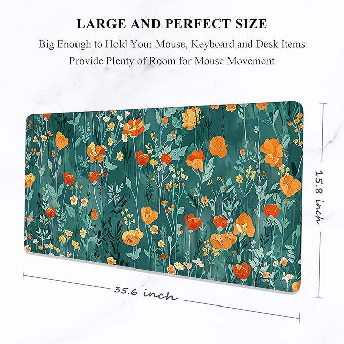 Auhoahsil Desk Mat, Ultra Large Mouse Pad, XXL Gaming Mousepad, Pretty Desk Pad, Big Extended Full Size Desktop Desk Matt for Keyboard, Laptop & Computer, 35.5 x 15.7 in, Green Flowers