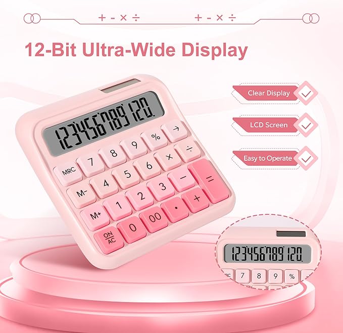 Desk Calculator,12 Digits, Large LCD Display,Big Buttons,Solar and Battery Dual Power Desktop Calculators,Cute and Aesthetic,Suitable for Office & Study