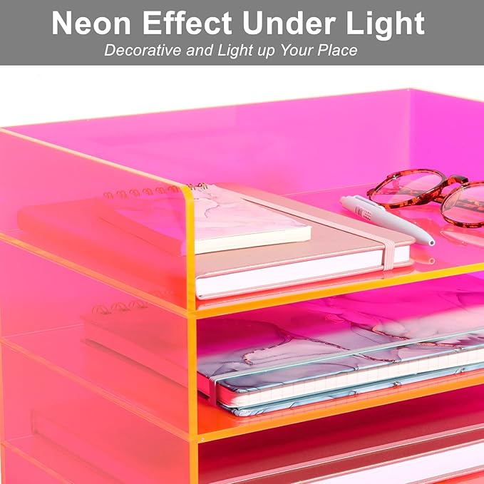 Gelite Acrylic File Organizer for Desk 4 Tiered Stackable Letter Tray Office Paper Storage Desktop Document Sorter, Neon Pink