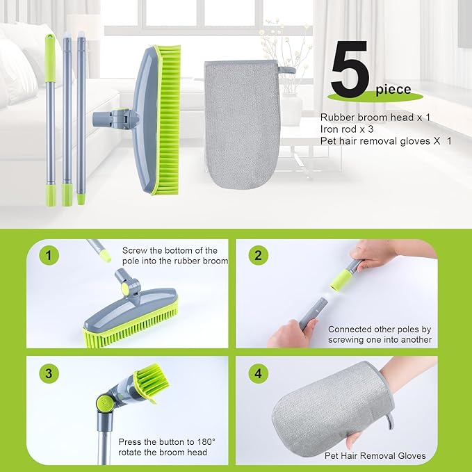 180°Rotating Rubber Broom with Squeegee for Pet Hair Removal - 50" Iron Handle Fur Remover Rake Brush for Carpet, Hardwood & Tile Floors, Includes Pet Hair Removal Gloves (Green)