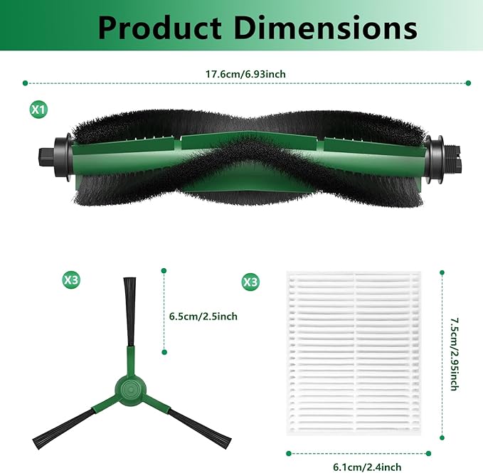 Replacement Parts for iRobot Roomba 104, 105 Vac/Combo, Y0140, Q0120, Y0110, Q011, Q0520 Robot Vacuum, Accessory Replenishment Kit with 1 Roller Brush, 3 HEPA Filters, 3 Side Brushes, 1 Cleaning Tool