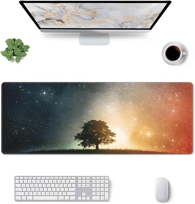 Starry Sky and Tree Large Mouse Pad, Vintage Aesthetic Gaming Desk Mat, XL Keyboard Desk Pad Mat for Desktop, 31.5"x11.8" Non-Slip Base Big Mousepad with Stitched Edges