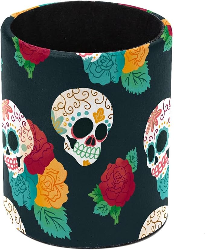 Watercolor Pattern Skull and Flowers Pen Holder Cup for Desk, Pencil Cup Holder for Desk Office Pen Organizer