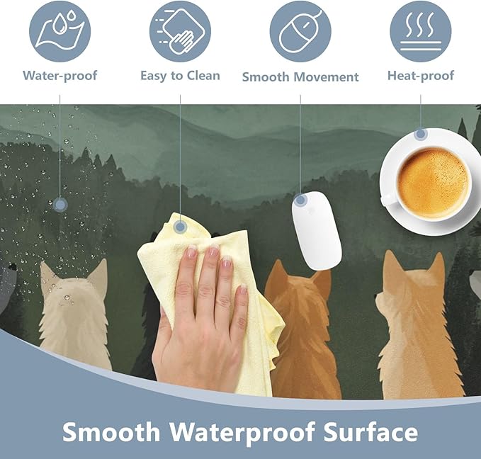 Mouse Pad Desk Mat Leather Desk Pad Large Gaming Desk Cover Protector Mat for Keyboard Computer Laptop Office Waterproof 47.2 x 23.6 Inch Cute Wolves Back and Green Mountain