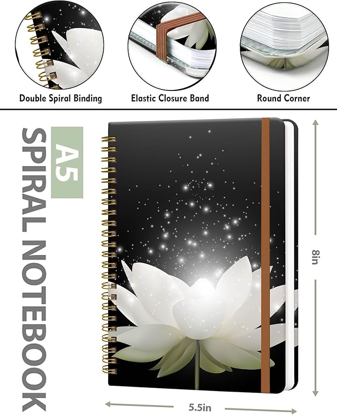 Spiral Journal Notebook for Women, Hardcover A5 College Ruled Notebook, 120 Pages, Thick Paper, Cute Lined Journal for School, Office & Work, 6 x 8.4 in(Magic White Lotus Flower)