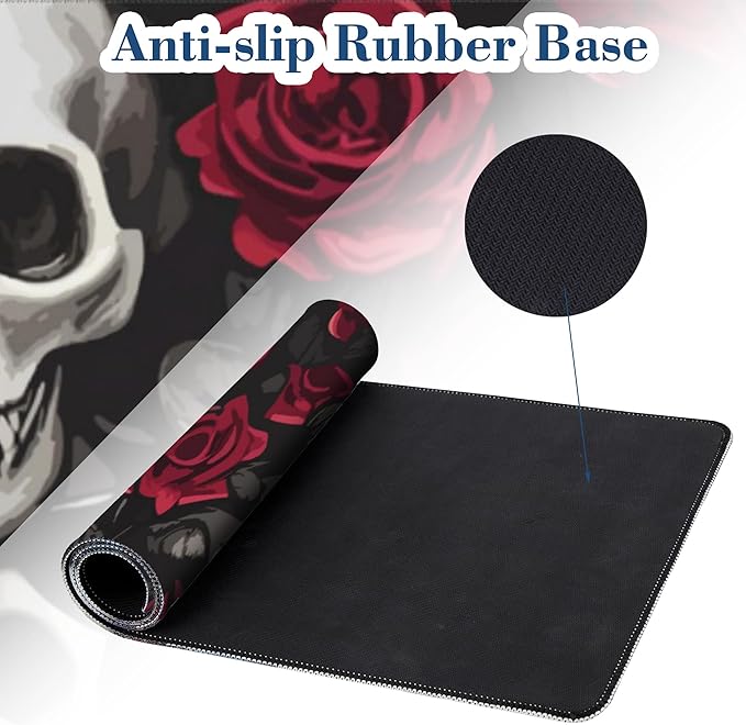 Large Gaming Mouse Pad for Desk Skulls and Roses Big Desk Mat Extended Mousepad with Stitched Edge and Non-Slip Base Long Computer Keyboard Mouse Mat for Home Office Work, 11.8 x 31.5 Inch
