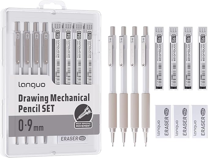 0.9mm Mechanical Pencil Set with Case, 4PCS Drafting Mechanical Pencils Kit – 4 Tubes HB Lead Refills, 3 Erasers, Ideal Pencil Set for Writing & Drawing