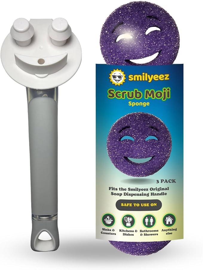The Original Smiling Handle for Scrub Daddy (Reg. TM) Sponge and Scrub Moji Sponge - (White Handle) & 3 Purple Scrub Moji's
