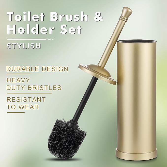 Gold Toilet Brush and Holder Set,304 Stainless Steel Toilet Bowl Brush and Holder for Bathroom,Heavy Duty Toilet Brush,Durable Scrubbing Bristles,Splash Resistant,Long Hanlde