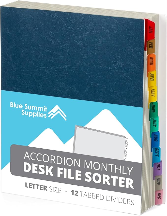 Blue Summit Expanding Monthly File Organizer, Letter Size 12 Month File Folder Organizer with Dividers, Paper Sorter for Desk and Documents