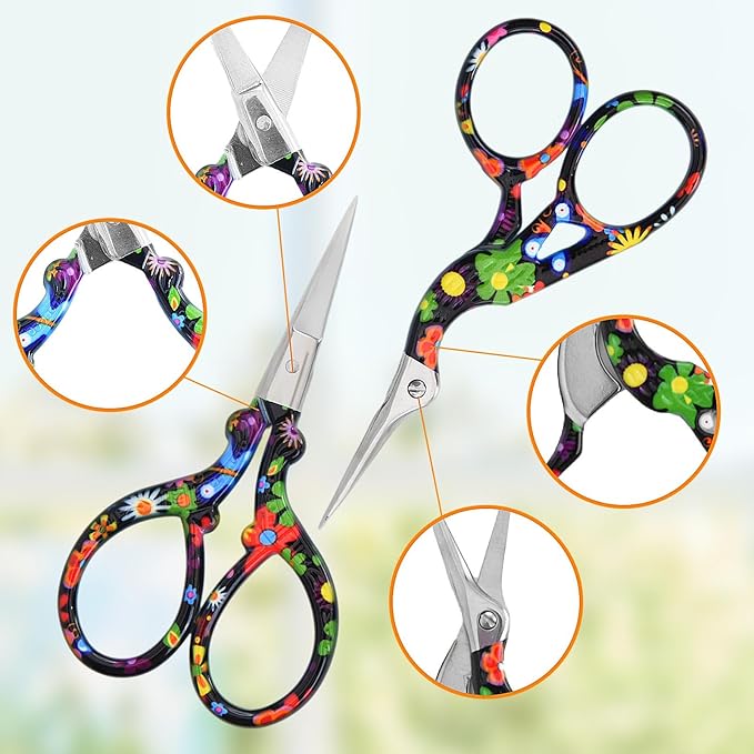 AQUEENLY Embroidery Scissors Vintage 2 Pcs Stainless Steel Stork Scissors Small Sewing Scissor Sharp 3.6 Inches Crochet Scissor for artwork, Threading, Needlework, Black Flower Style