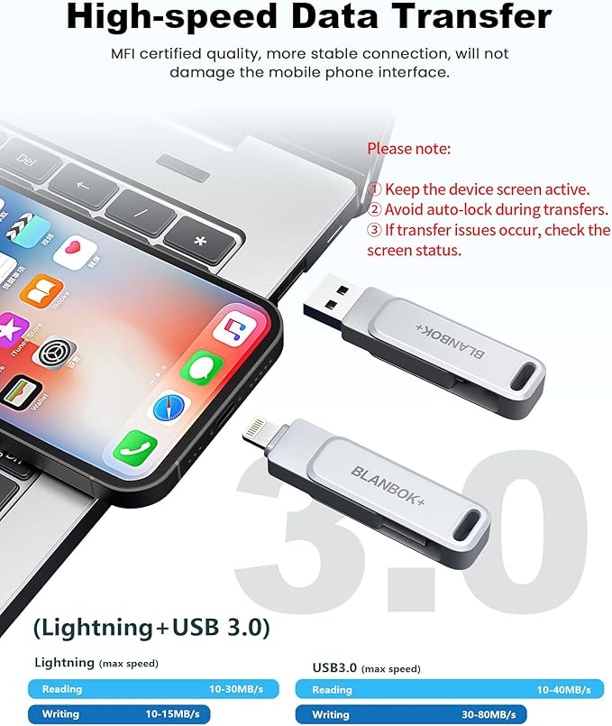MFi Certified 128GB Photo Stick for iPhone Flash Drive,USB Memory Stick Thumb Drives High Speed USB Stick External Storage Compatible for iPhone/iPad/Android/PC
