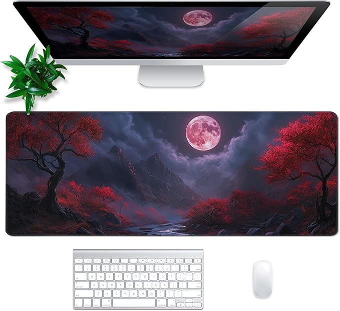 Darkness Red Moon Mouse Pad Abstract Red Mouse Pad 31.5x11.8 Inch Texture Non-Slip Rubber Base Large Mousepad Stitched Edges Keyboard Mouse Mat Desk Pad for Office and Home (Darkness 2)