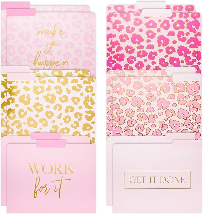 Paper Junkie Decorative File Folders - Stylish Organization & Pink File Folders - Gold Foil Leopard Prints & Office Accessories - Durable Cardstock & Office Supplies - 9.5 x 11.5 in - Pack of 12