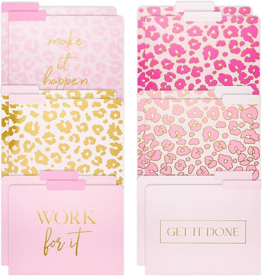 Paper Junkie Decorative File Folders - Stylish Organization & Pink File Folders - Gold Foil Leopard Prints & Office Accessories - Durable Cardstock & Office Supplies - 9.5 x 11.5 in - Pack of 12