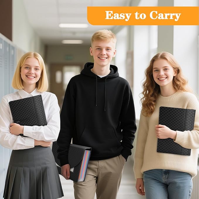 4 Pack Waterproof Accordion File Organizer, 13 Pockets Expanding File Folder with Colored Blank Tabs, Suitable for Students and Office Workers to Manage and Store Documents（Black）