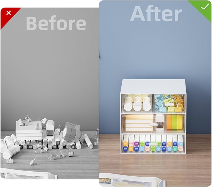 Marbrasse Desk Organizer with 4 Drawers，Office Organization, Clear Plastic Desk Organizers and Storage, Desktop Organizer for Office School Home (White-4 Drawers)