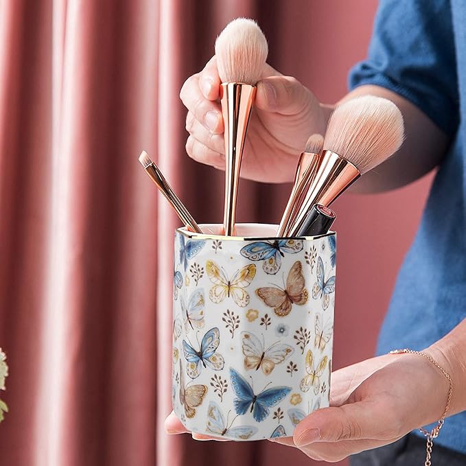 Jwest Pen Holder, Ceramic Shiny Gold Graphic Butterfly Pattern Pencil Cup for Girls Kids Women Durable Stand Desk Organizer Makeup Brush Holder Gift for Office, Classroom, Home Butterfly