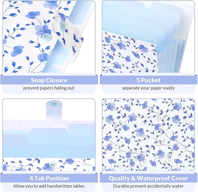 SKYDUE Expanding File Folder with 5 Pockets, Floral Accordion File Organizer for Important Document，Portable Receipt Paper Organizer，School Office Supplies,Blue