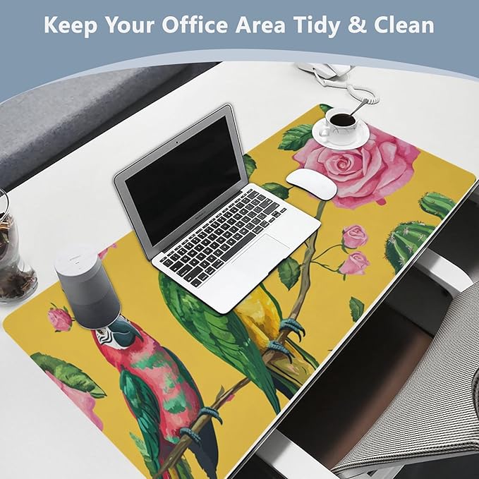 Mouse Pad Desk Mat Leather Desk Pad Large Gaming Desk Cover Protector Mat for Keyboard Computer Laptop Office Waterproof 35.4 x 16.5 Inch Yellow Cactus Parrots and Roses