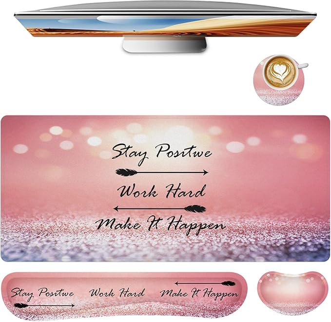 Desk Mat Pad, XXL Large Gaming Mouse Pad with Wrist Rest Wrist Support, 4in1 Desk Pad Set with Ergonomic Design Non-Slip for Home Office Gaming(Blue and Pink Quotes)