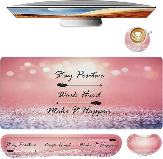 Desk Mat Pad, XXL Large Gaming Mouse Pad with Wrist Rest Wrist Support, 4in1 Desk Pad Set with Ergonomic Design Non-Slip for Home Office Gaming(Blue and Pink Quotes)
