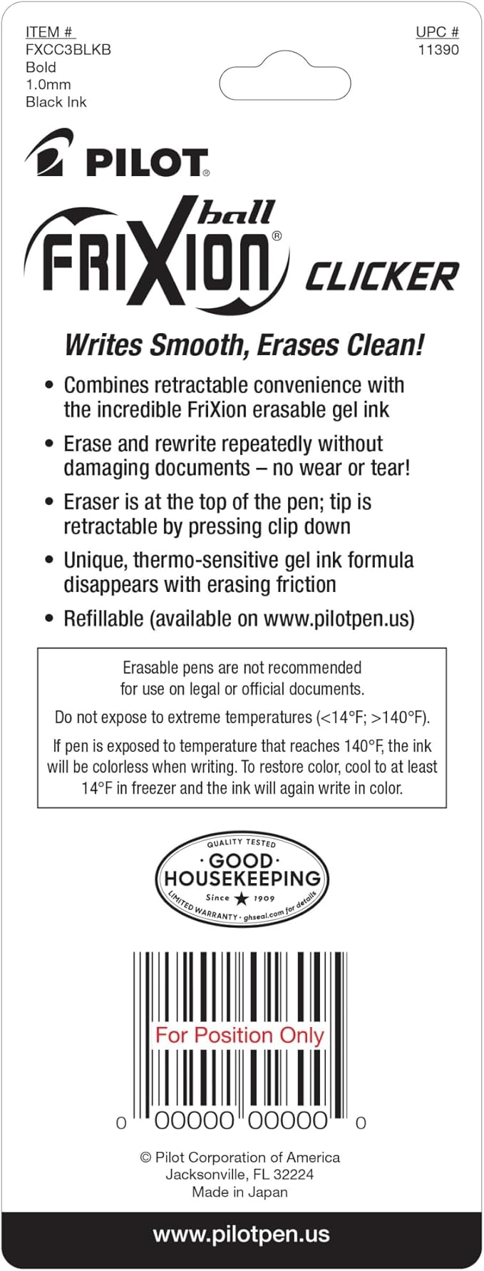 Pilot® FriXion® Ball Clicker Erasable Retractable Gel Pens, Pack of 3, Bold Point, 1.0 mm, Black Barrels, Black Ink