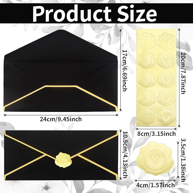 Business Envelopes with V-Flap,Gold Border 30 Pack #10 Envelopes Made of 150gsm Paper, Standard Envelopes with Gold Stickers for Office, Checks, Letter Mailing,9.45 x 4.13 Inches (Black)