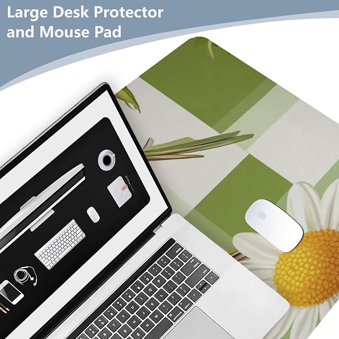 Mouse Pad Desk Mat Leather Desk Pad Large Gaming Desk Cover Protector Mat for Keyboard Computer Laptop Office Waterproof 35.4 x 16.5 Inch Checkered Green and White Hummingbirds Daisy