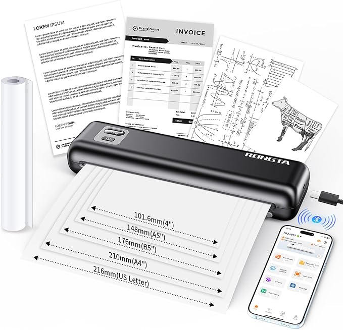 Rongta Portable Printer Wireless for Travel, Inkless Thermal Printers for 8.5" x 11" US Letter & A4 Size, Compatible with Android iOS Smartphone, Mac Windows Laptop for Office & Home (Black, Thermal)