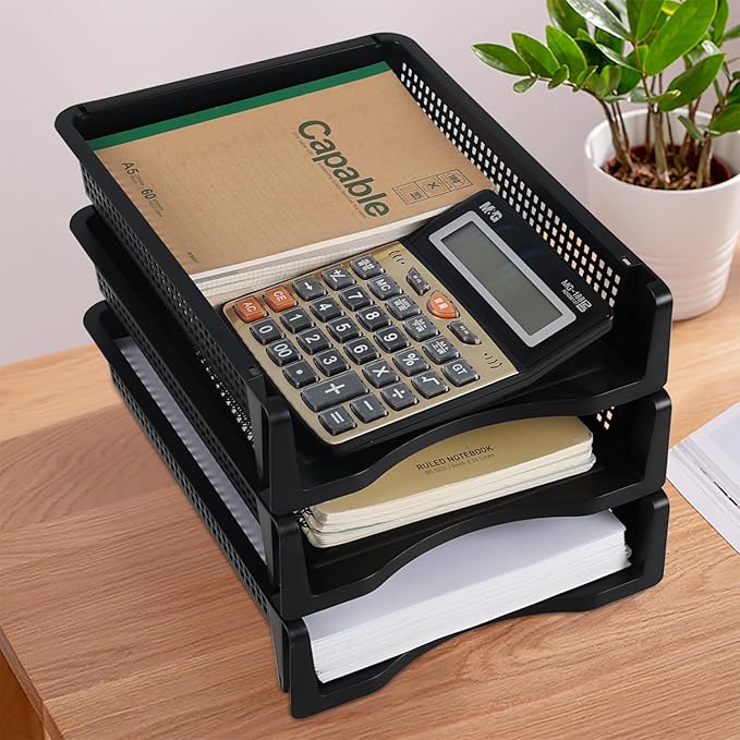 6 Pack Stackable Office Paper Organizer Tray, Desktop File Document Letter Tray Holder, Black
