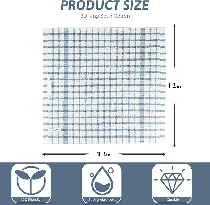Nialnant 12PCS Kitchen Towels and Dishcloths Sets,100% Cotton Soft Absorbent Quick Drying Dish Towels for Kitchen,Washing Dishes-Little Blue Plaid,12 x 12 in