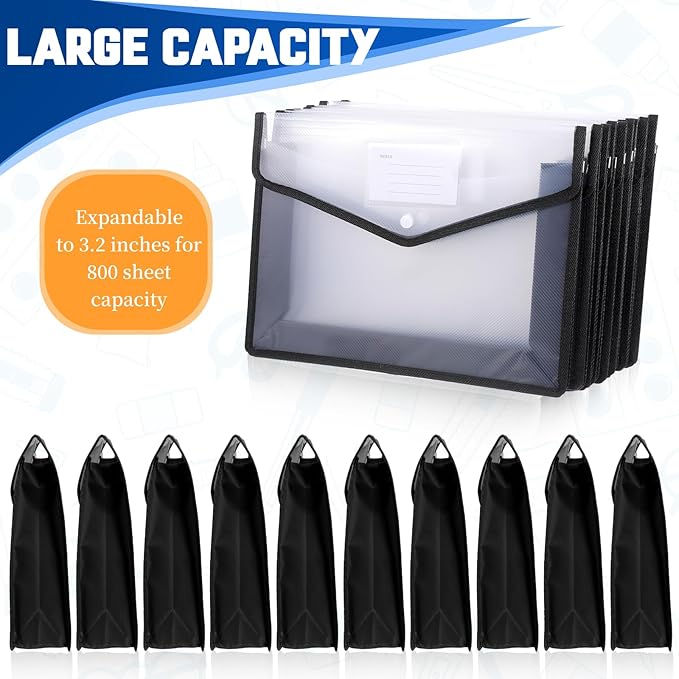10-Pack Plastic File Folders Expanding Document Organizer with Snap Closure, Waterproof Transparent Pouch for Standard Letter Size Papers, Envelope Wallet with Card Slot & Durable PP Material