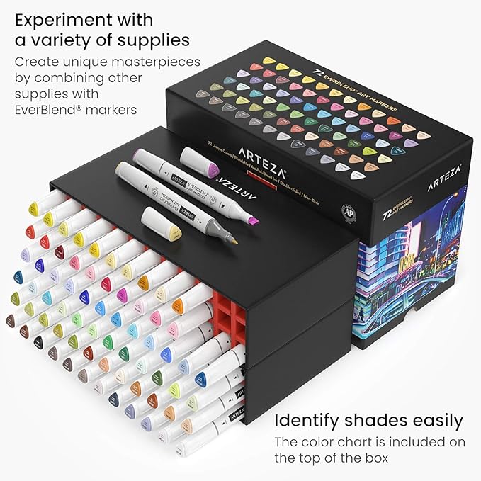 ARTEZA Art Alcohol Markers Set of 72 Colors, EverBlend Dual Tip Markers with Organizer Box, Fine and Broad Chisel Nib