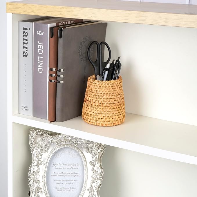 Handmade Rattan Pencil Holder, Pen Holder, Wicker Makeup Brush Holder, Makeup Holder, Pencil Cup, Desk Cup Holder, Toothbrush Cup for Small Items, Office & Home Desktop Organizer