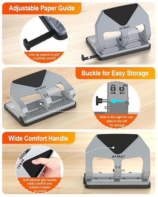 AFMAT HP20 Heavy Duty 3 Hole Punch, 60% Reduced Effort, 50-Sheet 3 Hole Puncher for Binder, 10,000+ Uses, Metal Three Hole Punch for Home Office School, w/Large Chip Tray, Paper Guide