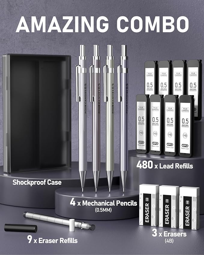 Four Candies 0.5mm Mechanical Pencil Set with Case - 4PCS Metal Mechanical Pencils, 8 Tubes HB #2 Lead Refills, 3PCS 4B Erasers and 9PCS Eraser Refills, Lead Mechanical Pencils for Writing & Drawing