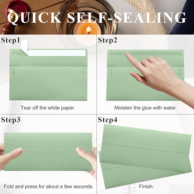 100 Pack Sage Green #10 Business Envelopes, Standard Envelopes Self Seal, 4 1/8 x 9 1/2 Inch Letter Size Business Mailing Envelopes for Checks Invoices Statements Baby Shower Wedding Birthday