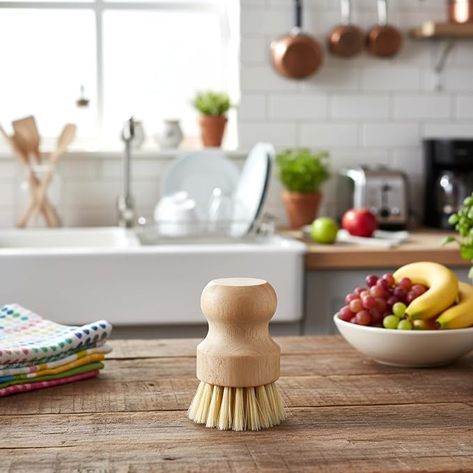 COMNICO 10 Pcs Bamboo Dish Scrub Brush Set, Mini Natural Wooden Scrubbers Set Round Dish Brush Vegetable Durable Scrubber Cleaning Kit for Cleaning Pot Pan Sink