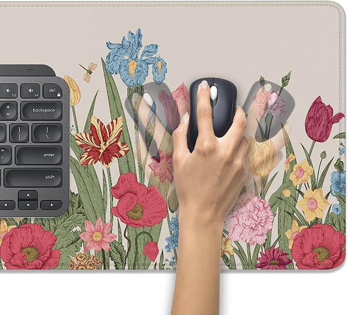 Spring Flowers Desk Pad Mouse Pad,Large Gaming Colorful Floral Mouse Mat with Stitched Edges,Non-Slip Waterproof Rubber Base Mousepad for Office Work Home Desk Mat(27.5X11.8 in)