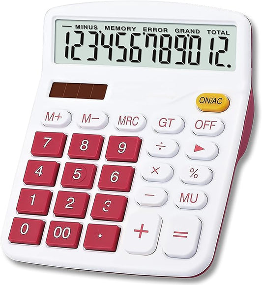 Meichoon Desktop Calculator Solar Battery Dual Power 12 Digit Large LCD Display Financial Dedicated Large Standard Function Desktop Business Calculator for Office/Home/School KA08 Red