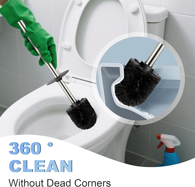 Toilet Brush and Holder Set, NEWRAIN Stainless Steel Toilet Brush with Long Brush Handle, Brushed Nickel Toilet Scrubber and Covered Holder, Square Design Sturdy and Space Saving, Covered Brush