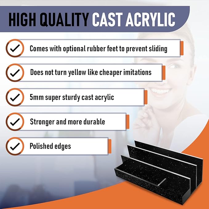 Acrylic Desk Organizer for Office Supplies and Desk Accessories, 12.5” x 5.5” x 4” and 5mm Acrylic Valet to Organize Documents, Files, Paper Clips, Sticky Notes, Tablet, Other Storage (Black Glitter)