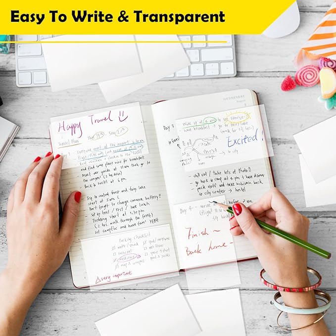 3x5 Inch Transparent Sticky Notes, 200 Sheets Large Translucent Self-Adhesive Clear See Through Post Sticky Notes for Office Woman School Classroom Teacher College Supplies Tabs 4 Pads White