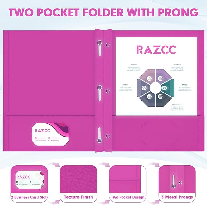 Two Pocket Folders, RAZCC 75 Pack Two Pocket Folders with Prongs, 3 Prong Folders Fit Letter Size Paper, Pocket File Folders for School Office Home Business, Rose Purple