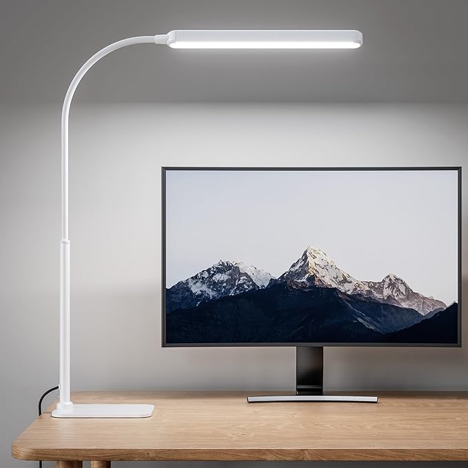 SUPERDANNY Eye-Caring LED Desk Lamp with Base 360° Flexible Gooseneck Work Lamp Touch Control 3 Light Colors Smooth Dimming Task Lighting Reading Light for Home Office College Dorm, White