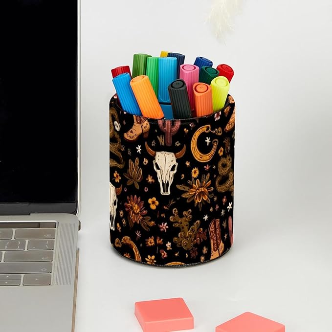 Western Boho Style Bull Skulls Pattern PVC Leather Circular Pencil Holder for Desk Organizer Stationery Holder for Office, School(3.9 x 3.1 Inches)