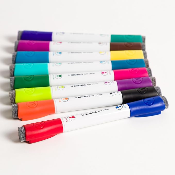 U Brands Fine Tip Dry Erase Markers with Eraser, Magnetic Double Ended Whiteboard Markers, Low Odor, Assorted Bright Colors, Set of 8
